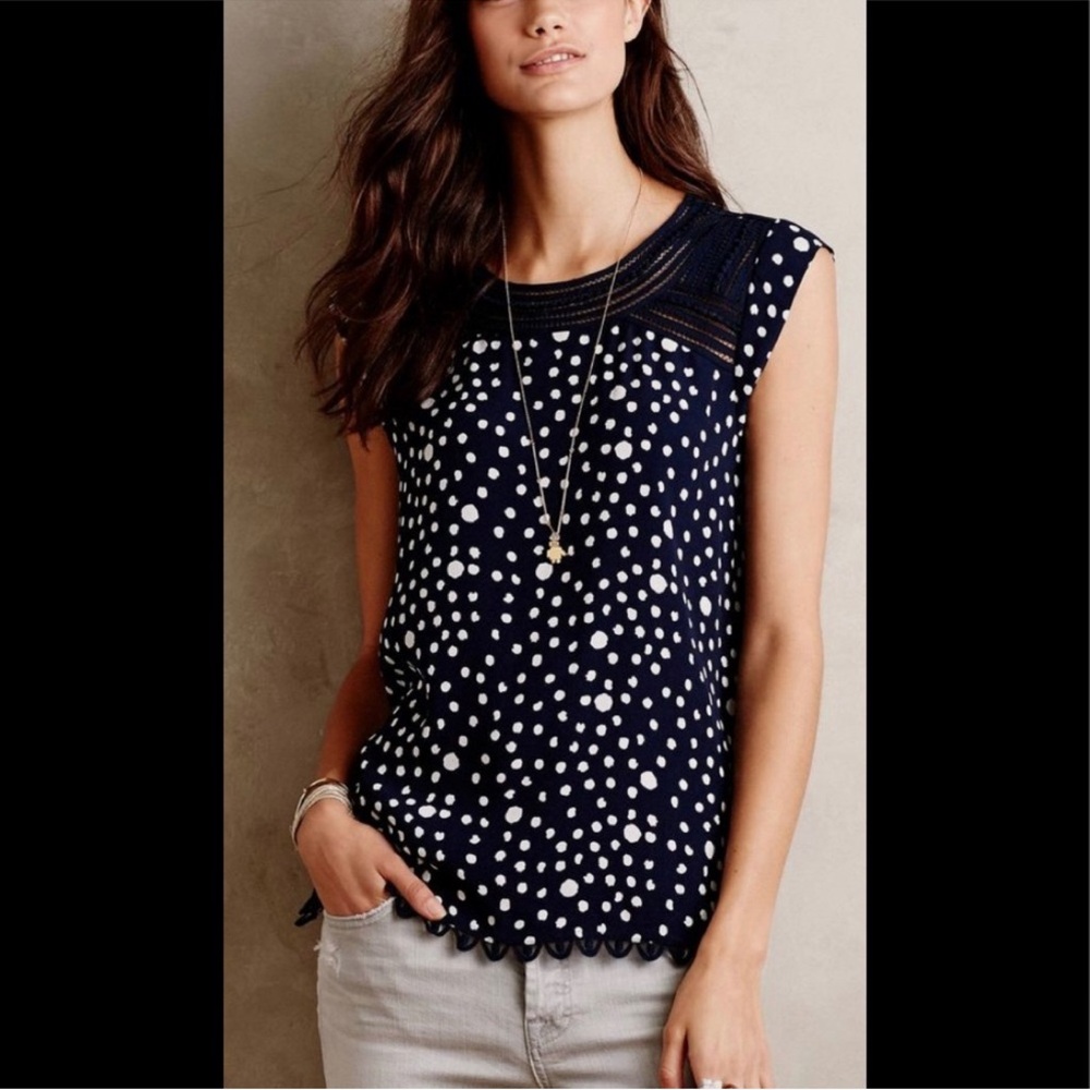 Meadow Rue Anthropologie Sanna Navy Polka Dot Sleeveless Top Size M